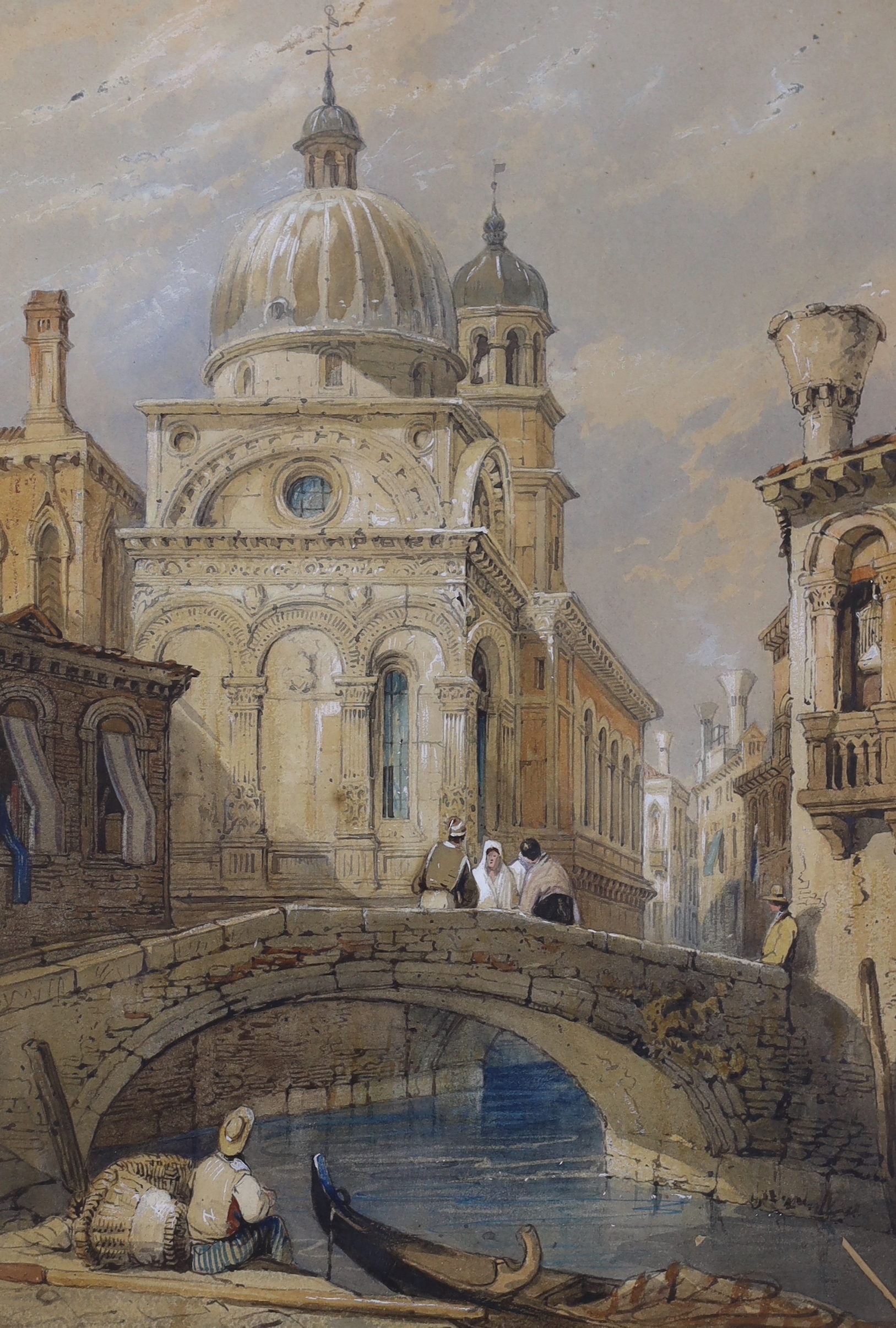 Circle of Samuel Prout (1783-1852), watercolour, Figures on a Venetian bridge, 35 x 24.5cm